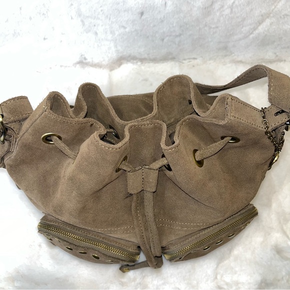 Crown Vintage Suede Drawstring Satchel Handbag. Brown with Gold Stud Accents - Picture 5 of 15